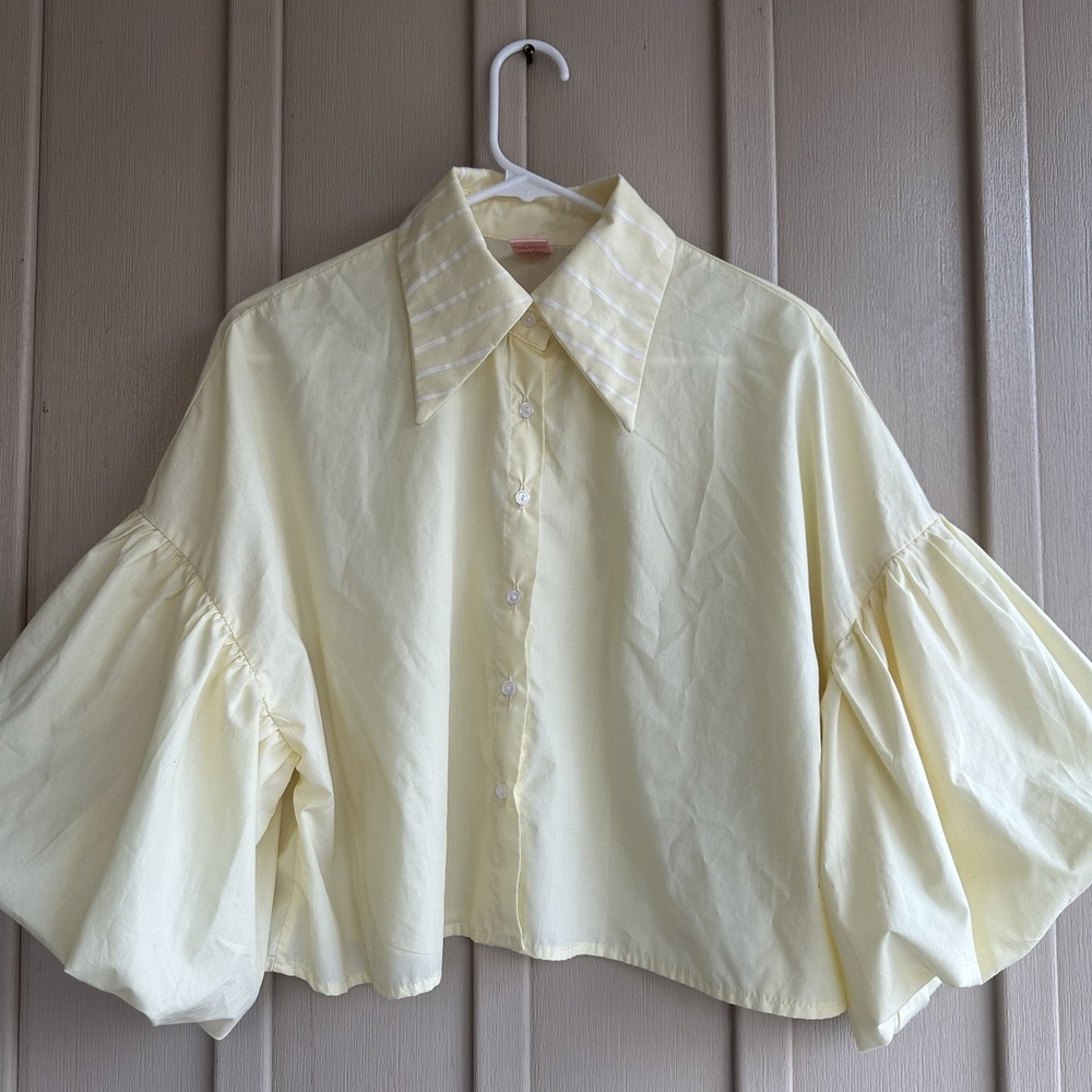Hailea Alexis Womens Large Yellow Puff Sleeve Cropped Button Blouse Shirt Shine